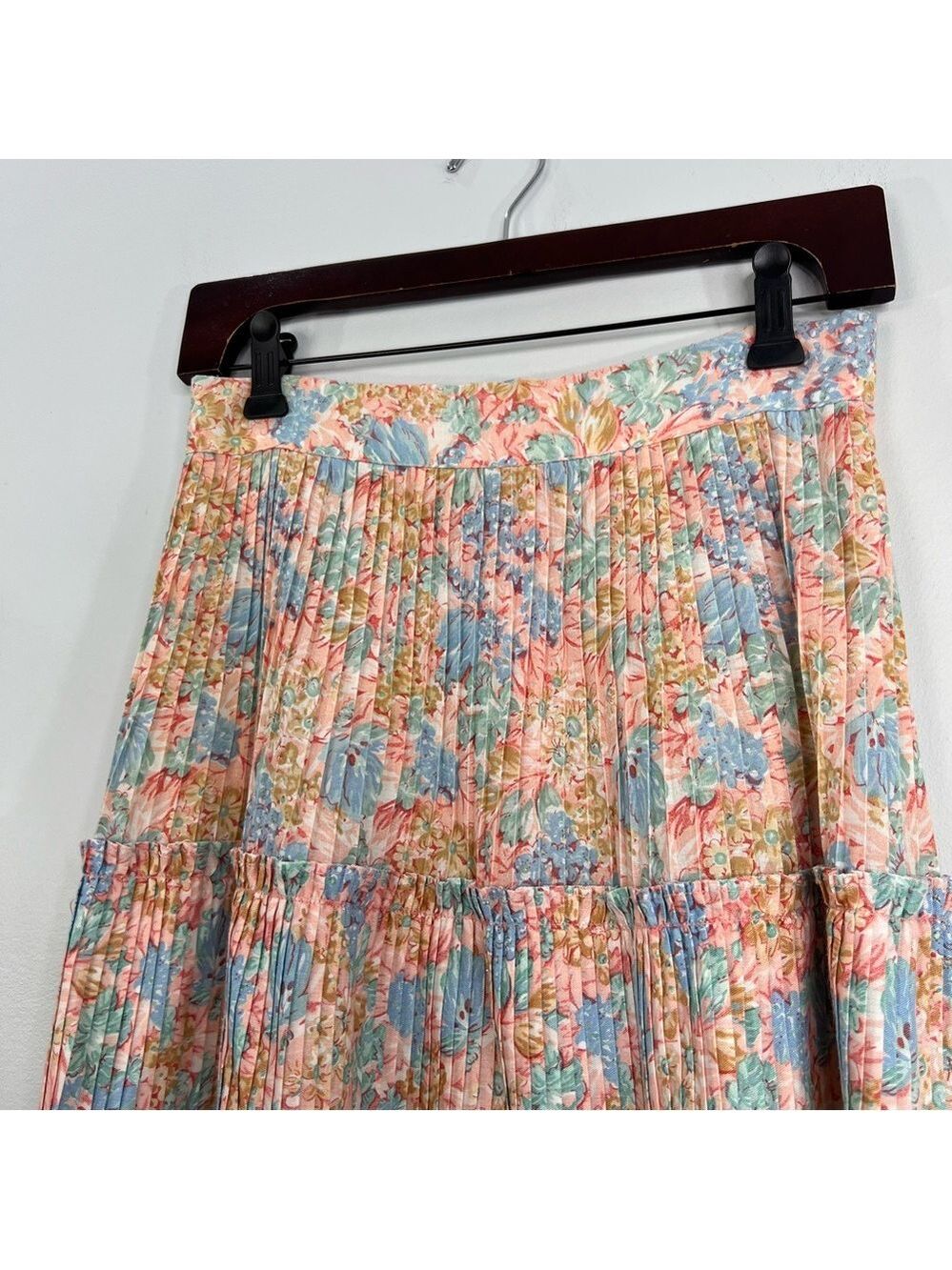 Vintage 70s boho cottagecore coral pink blue floral plisse tiered midi skirt - Picture 8 of 15